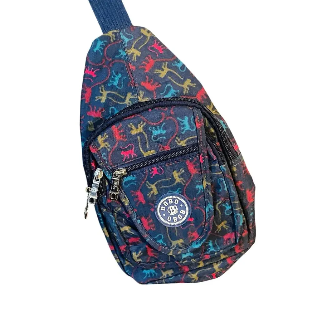Bobo Obob Monkey Print Sling Backpack Crossbody Bag 4 Pocket Blue Colorful